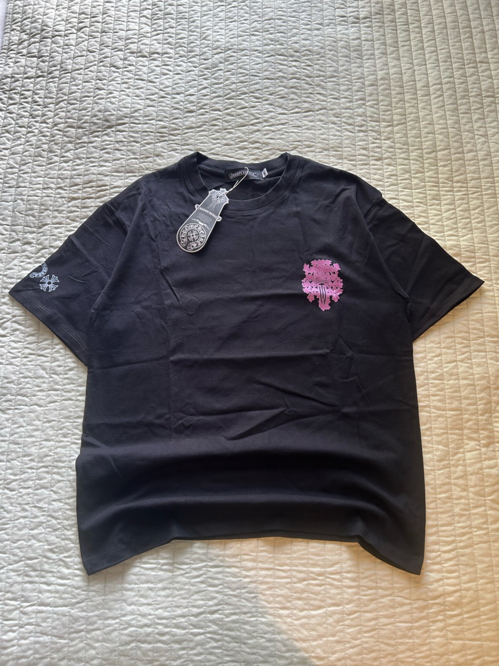 Chrome Hearts Black Short-Sleeve Tee with Pink Chest Crest